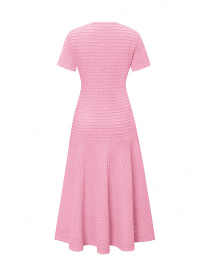 Unadoll Women's Autumn Pink Tweed Mermaid Midi Dress, Short Sleeve Button Fitted Dress, Suitable For Back To School, Birthday, Date Night