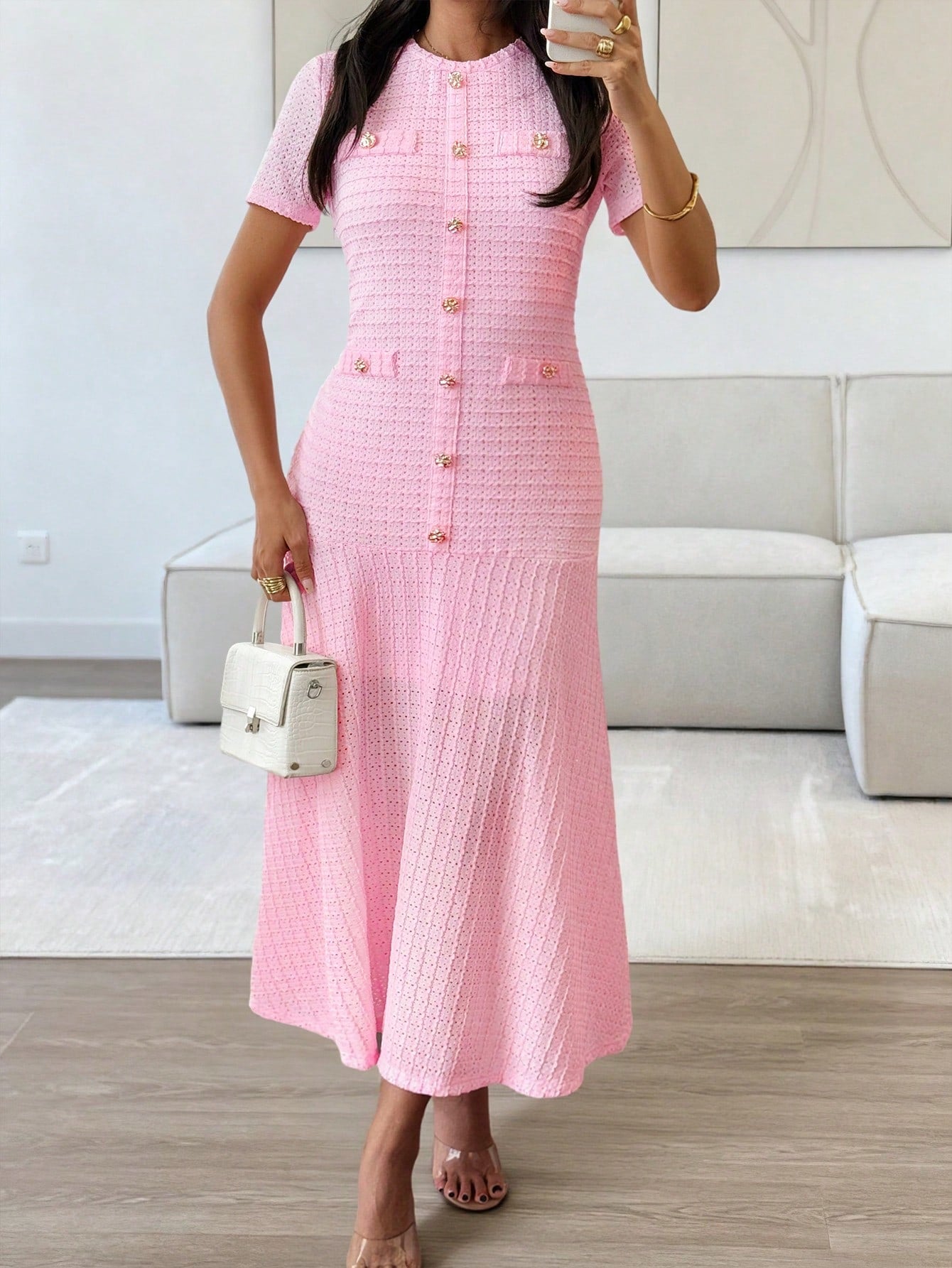 Unadoll Women's Autumn Pink Tweed Mermaid Midi Dress, Short Sleeve Button Fitted Dress, Suitable For Back To School, Birthday, Date Night