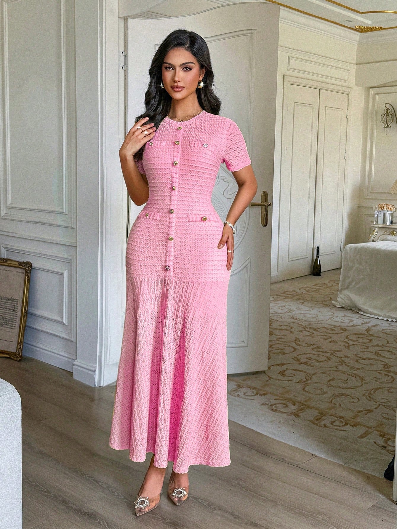 Unadoll Women's Autumn Pink Tweed Mermaid Midi Dress, Short Sleeve Button Fitted Dress, Suitable For Back To School, Birthday, Date Night