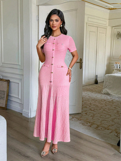 Unadoll Women's Autumn Pink Tweed Mermaid Midi Dress, Short Sleeve Button Fitted Dress, Suitable For Back To School, Birthday, Date Night