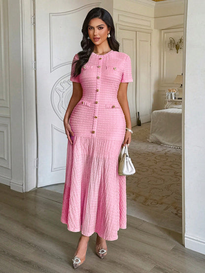 Unadoll Women's Autumn Pink Tweed Mermaid Midi Dress, Short Sleeve Button Fitted Dress, Suitable For Back To School, Birthday, Date Night