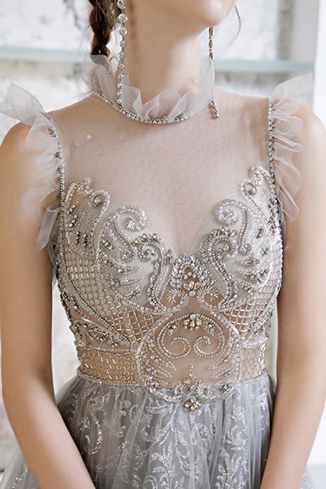 Unique A-line Silver High Neck Formal Dress