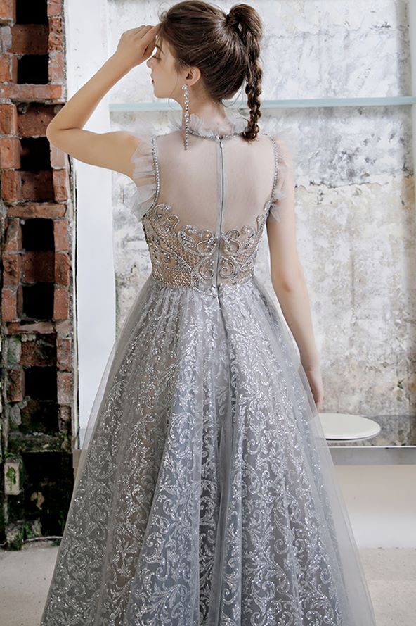 Unique A-line Silver High Neck Formal Dress