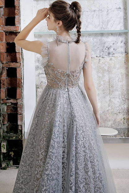 Unique A-line Silver High Neck Formal Dress