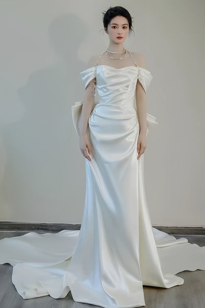 Unique Mermaid Off The Shoulder Pleats Short Sleeves Satin Wedding Dresses,AST2305