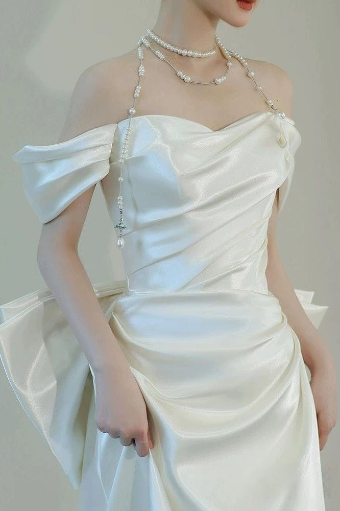 Unique Mermaid Off The Shoulder Pleats Short Sleeves Satin Wedding Dresses,AST2305