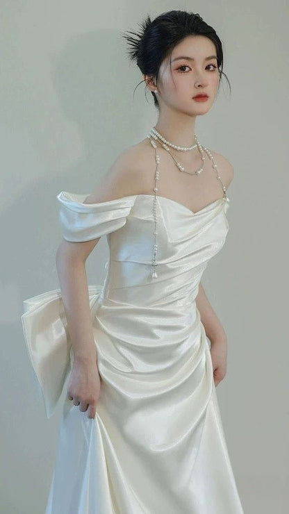 Unique Mermaid Off The Shoulder Pleats Short Sleeves Satin Wedding Dresses,AST2305