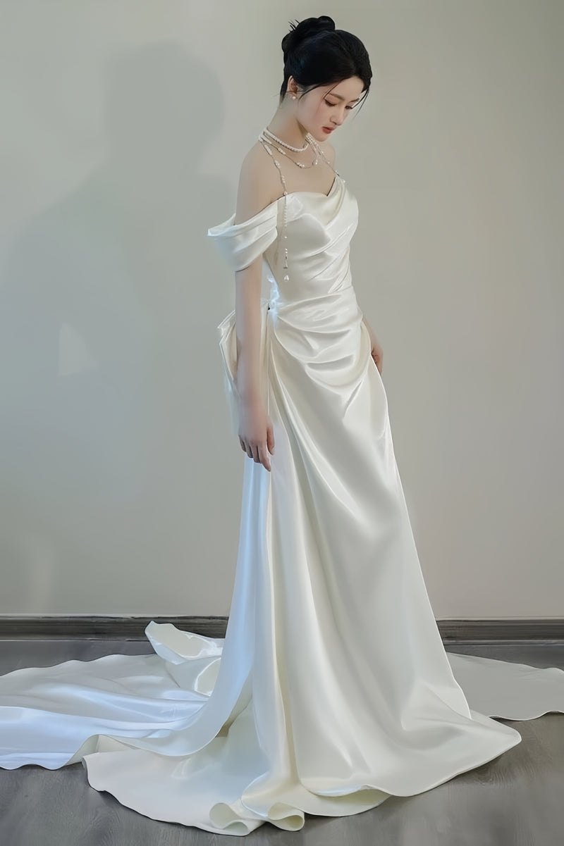 Unique Mermaid Off The Shoulder Pleats Short Sleeves Satin Wedding Dresses,AST2305