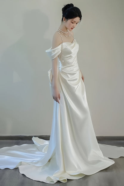Unique Mermaid Off The Shoulder Pleats Short Sleeves Satin Wedding Dresses,AST2305