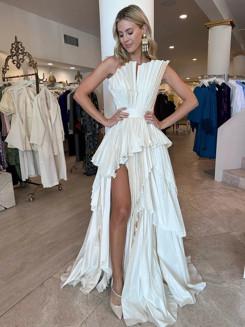 Unique Pleated Sleeveless Irregular Prom Dresses With Side Slit,AST977