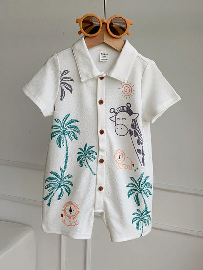 Unisex Baby Boy/Girl Baby Boy Spring/Summer Casual Cute Vacation Style Animal Print Short Sleeve Romper, Baby Boy Outfit Sets, Baby Boy Summer Clothes, Squishy