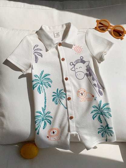 Unisex Baby Boy/Girl Baby Boy Spring/Summer Casual Cute Vacation Style Animal Print Short Sleeve Romper, Baby Boy Outfit Sets, Baby Boy Summer Clothes, Squishy