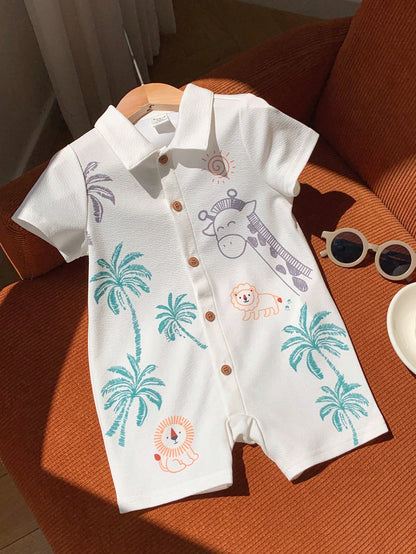 Unisex Baby Boy/Girl Baby Boy Spring/Summer Casual Cute Vacation Style Animal Print Short Sleeve Romper, Baby Boy Outfit Sets, Baby Boy Summer Clothes, Squishy