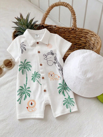 Unisex Baby Boy/Girl Baby Boy Spring/Summer Casual Cute Vacation Style Animal Print Short Sleeve Romper, Baby Boy Outfit Sets, Baby Boy Summer Clothes, Squishy