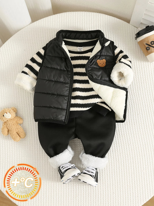 Unisex Baby Boy/Girl, Toddler 3pcs Autumn/Winter Fleece Thickened Jacket Set, Striped Sweatshirt And Corduroy Pants And Cotton Padded Vest, Baby Winter Clothes, Fleece, Thickened