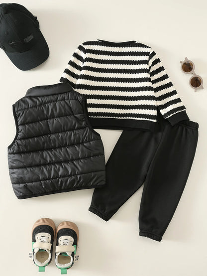 Unisex Baby Boy/Girl, Toddler 3pcs Autumn/Winter Fleece Thickened Jacket Set, Striped Sweatshirt And Corduroy Pants And Cotton Padded Vest, Baby Winter Clothes, Fleece, Thickened