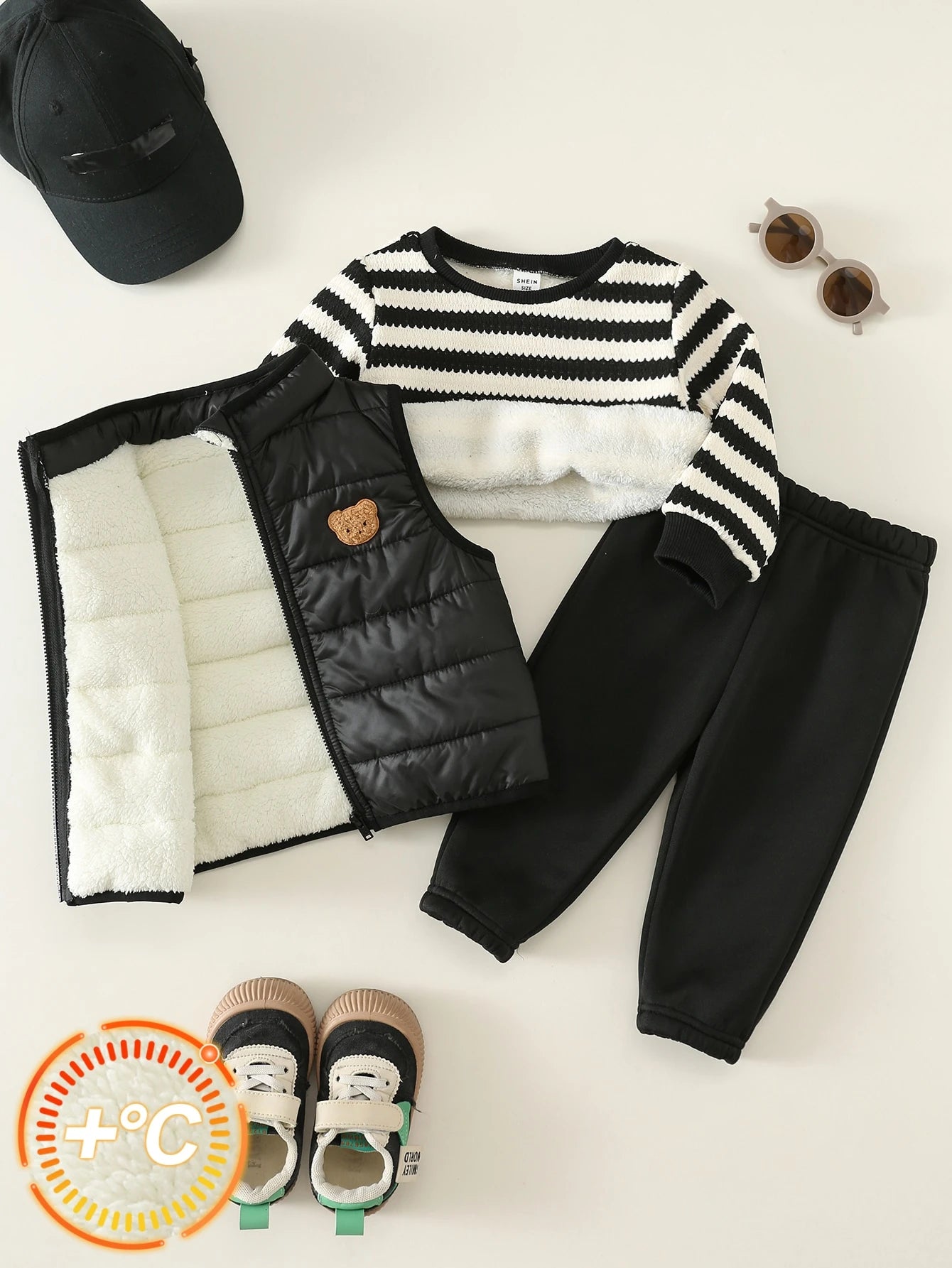 Unisex Baby Boy/Girl, Toddler 3pcs Autumn/Winter Fleece Thickened Jacket Set, Striped Sweatshirt And Corduroy Pants And Cotton Padded Vest, Baby Winter Clothes, Fleece, Thickened