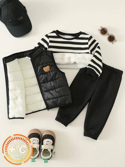 Unisex Baby Boy/Girl, Toddler 3pcs Autumn/Winter Fleece Thickened Jacket Set, Striped Sweatshirt And Corduroy Pants And Cotton Padded Vest, Baby Winter Clothes, Fleece, Thickened