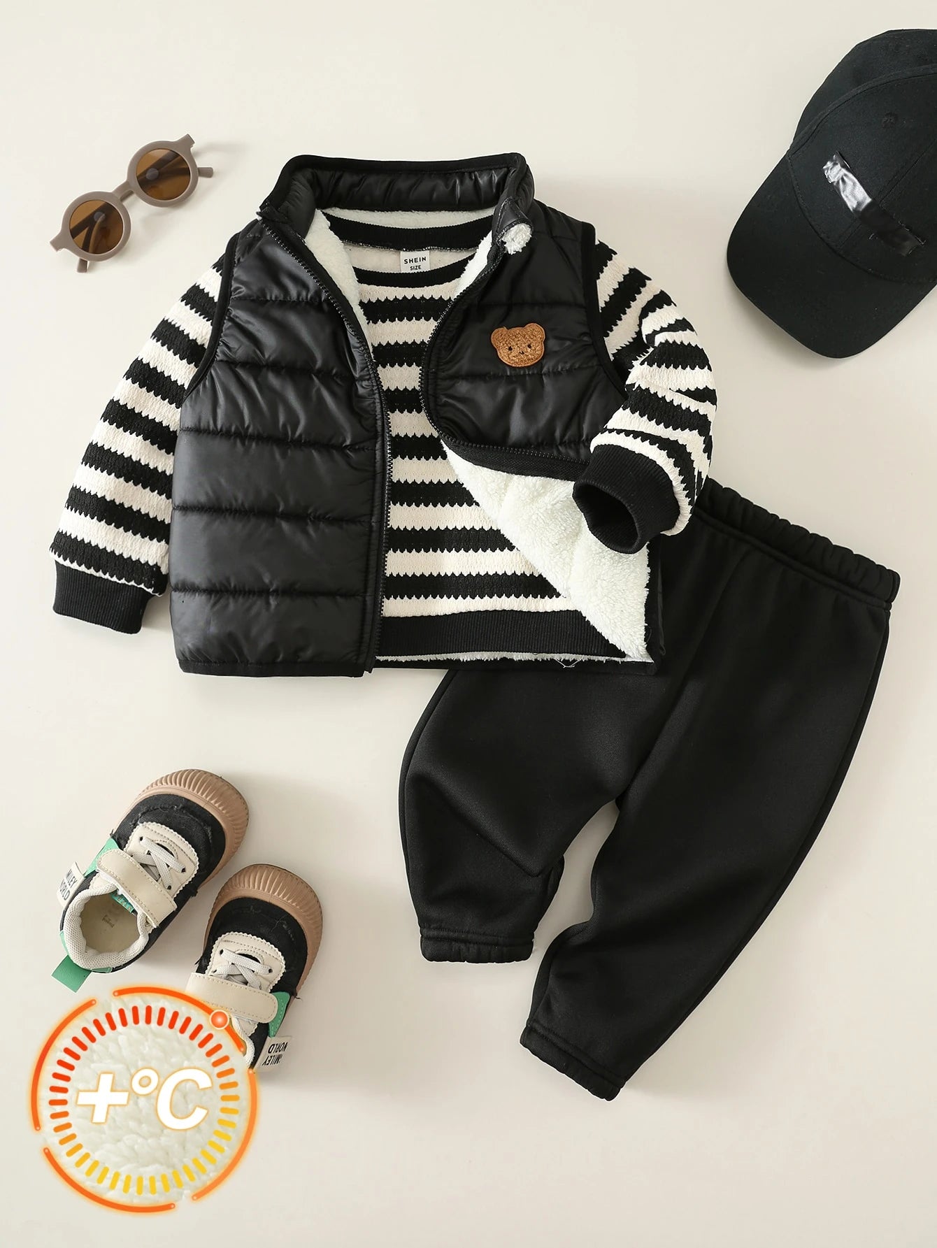 Unisex Baby Boy/Girl, Toddler 3pcs Autumn/Winter Fleece Thickened Jacket Set, Striped Sweatshirt And Corduroy Pants And Cotton Padded Vest, Baby Winter Clothes, Fleece, Thickened