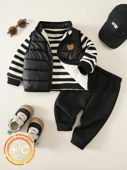 Unisex Baby Boy/Girl, Toddler 3pcs Autumn/Winter Fleece Thickened Jacket Set, Striped Sweatshirt And Corduroy Pants And Cotton Padded Vest, Baby Winter Clothes, Fleece, Thickened