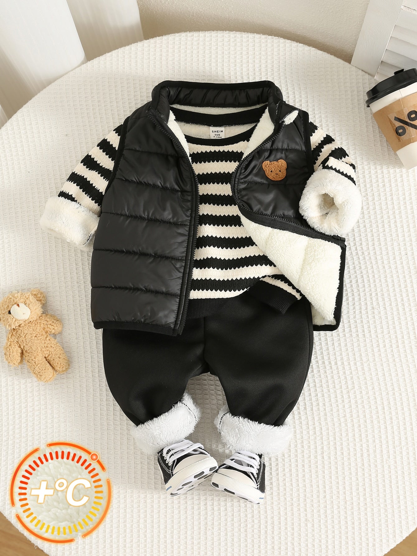 Unisex Baby Boy/Girl, Toddler 3pcs Autumn/Winter Fleece Thickened Jacket Set, Striped Sweatshirt And Corduroy Pants And Cotton Padded Vest, Baby Winter Clothes, Fleece, Thickened