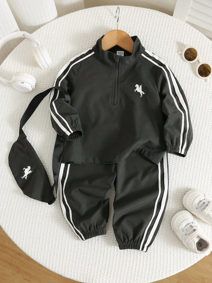 Unisex Baby Boy/Girl, Toddler 3pcs Autumn/Winter Casual Fashion Sports Style Stand Collar Half-Zip Jacket Set With Bag, Baby Tracksuit, Streetwear
