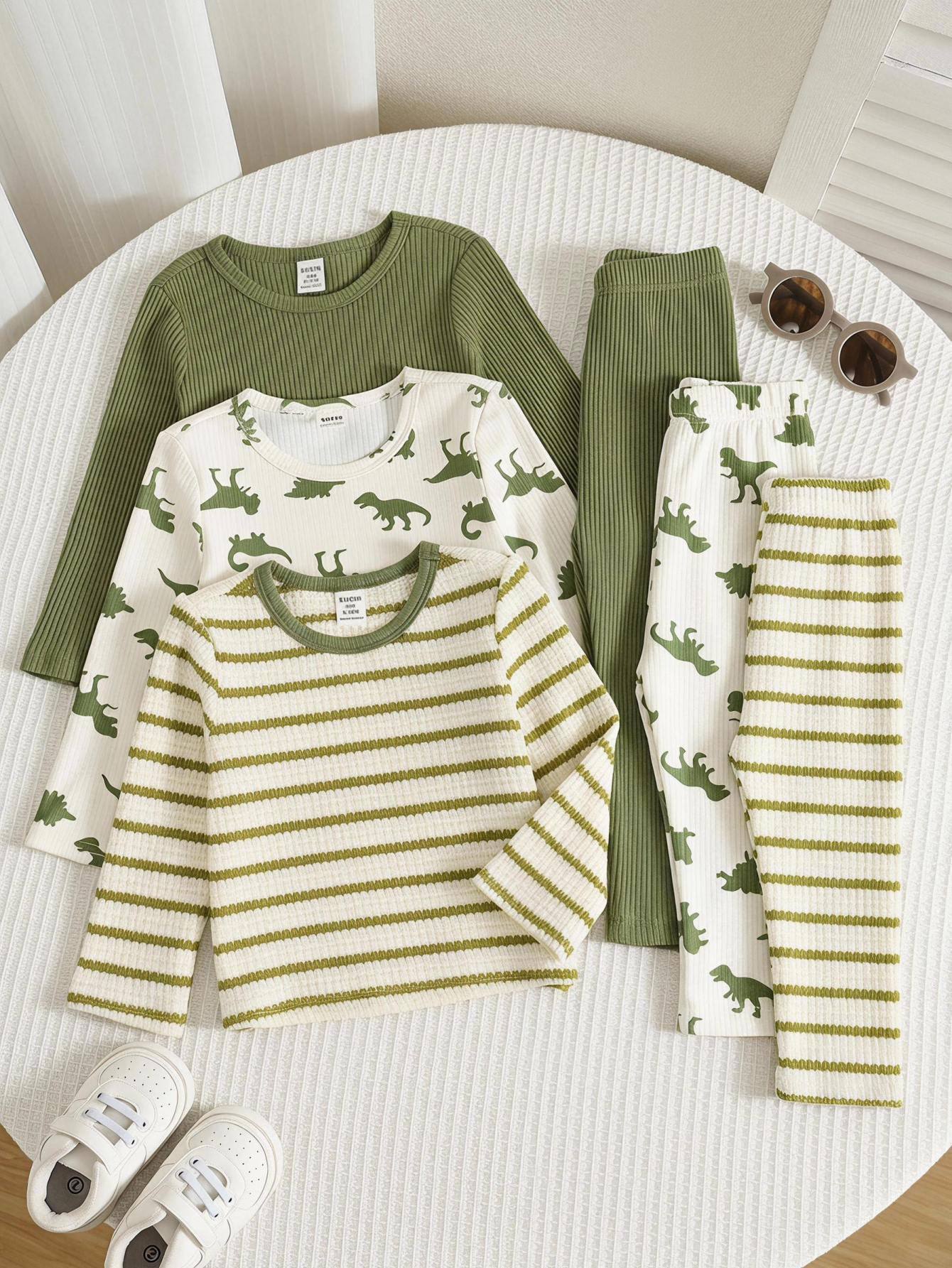 Unisex Baby Boy/Girl, Toddler 3pcs Autumn/Winter Casual Cute Dinosaur Pattern Long Sleeve T-Shirt Multi-Pack, Baby Winter Clothes, Baby Tops