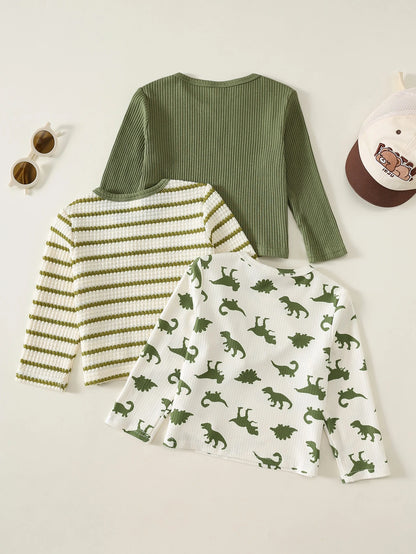 Unisex Baby Boy/Girl, Toddler 3pcs Autumn/Winter Casual Cute Dinosaur Pattern Long Sleeve T-Shirt Multi-Pack, Baby Winter Clothes, Baby Tops