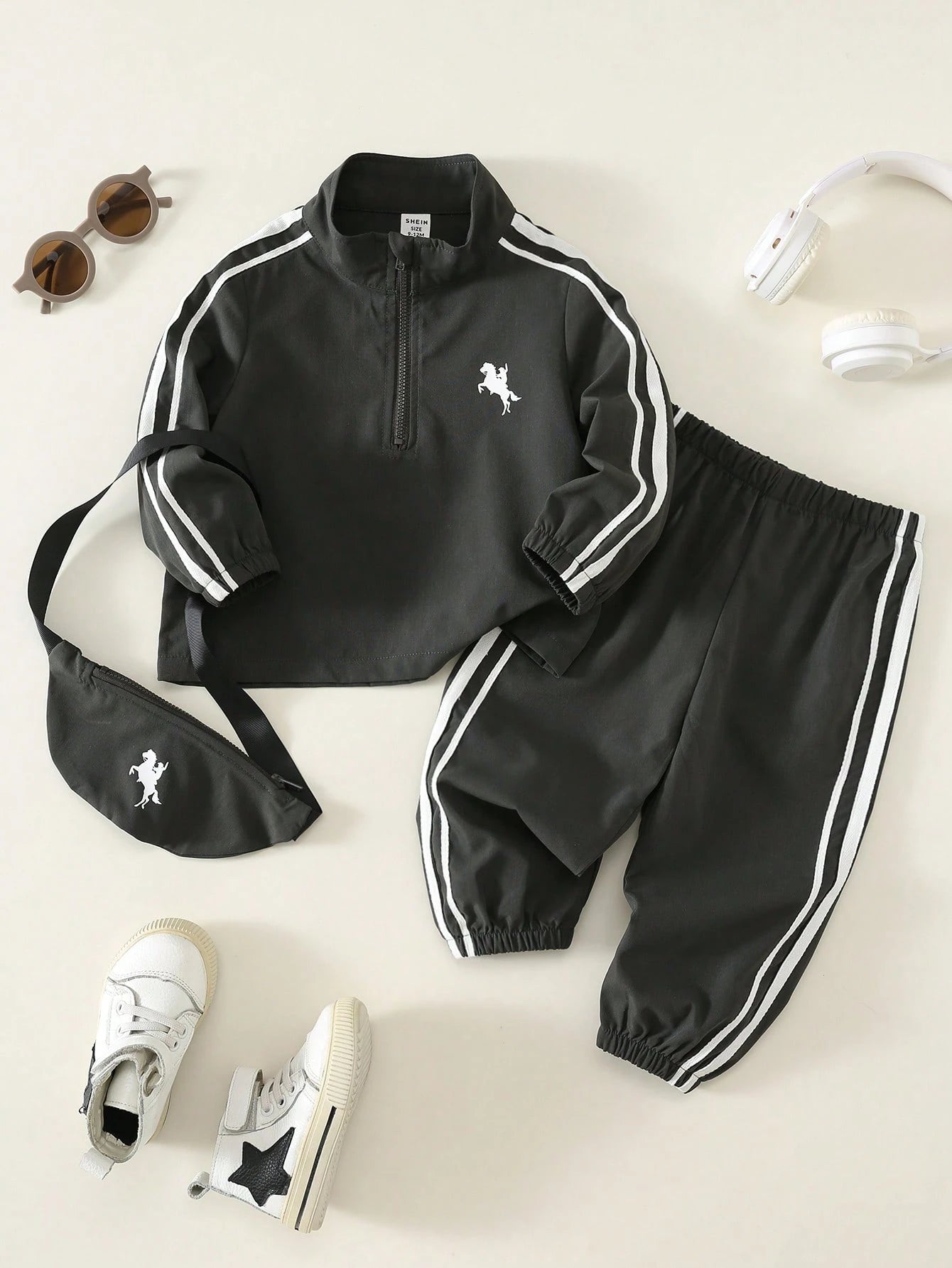 Unisex Baby Boy/Girl, Toddler 3pcs Autumn/Winter Casual Fashion Sports Style Stand Collar Half-Zip Jacket Set With Bag, Baby Tracksuit, Streetwear
