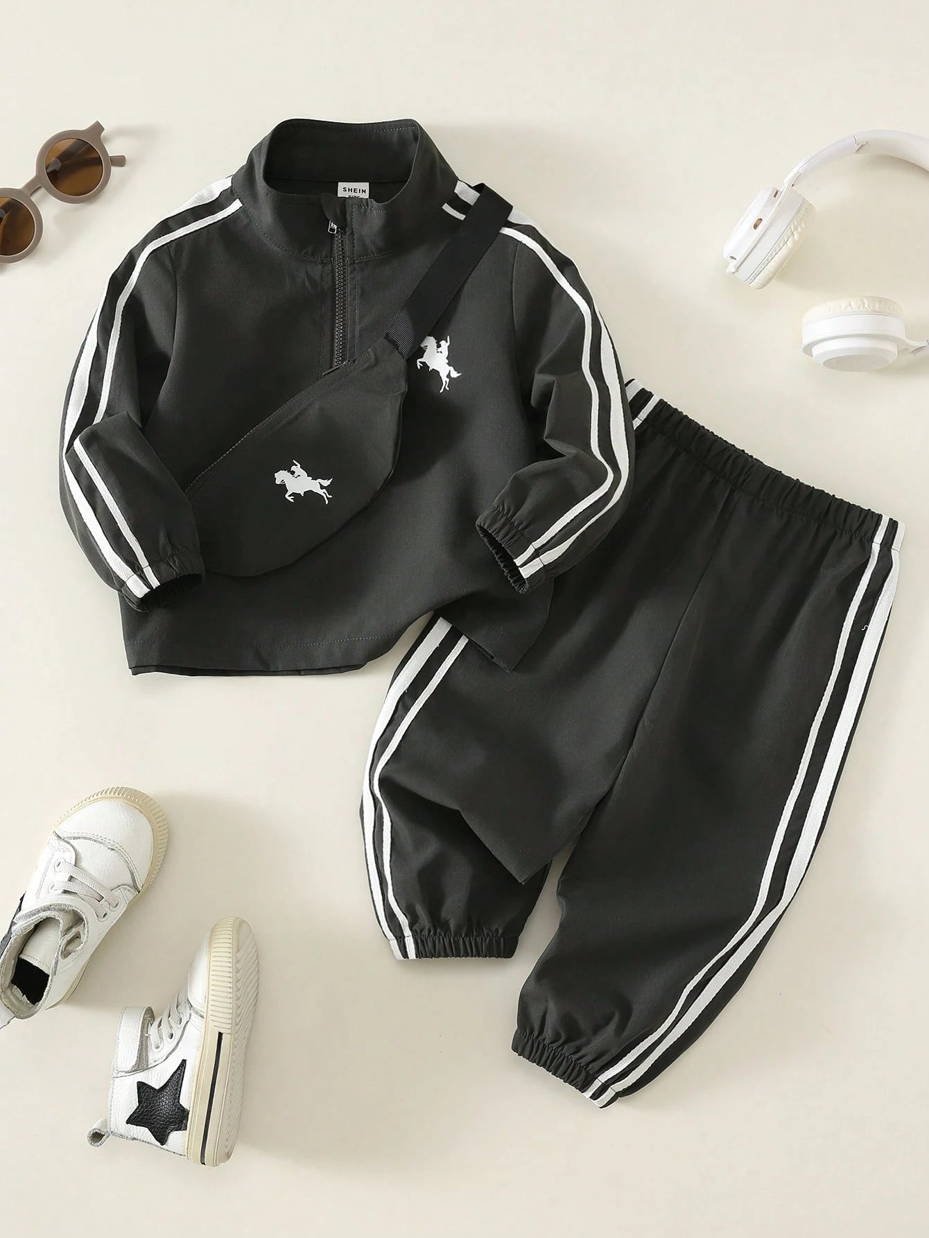 Unisex Baby Boy/Girl, Toddler 3pcs Autumn/Winter Casual Fashion Sports Style Stand Collar Half-Zip Jacket Set With Bag, Baby Tracksuit, Streetwear