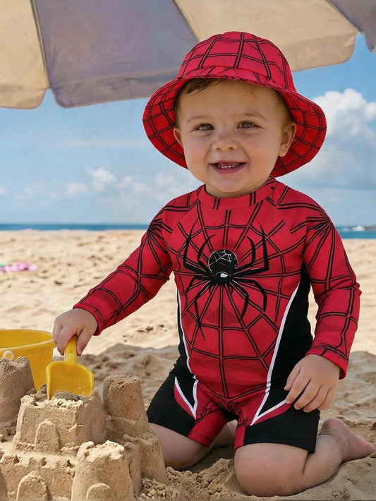 Unisex Baby Cute Spider Print Long Sleeve Swimsuit, Shorts, And Sun Hat Set, Suitable For Vacation, Beach, Surfing, Baby Swimwear Red Summer Cute