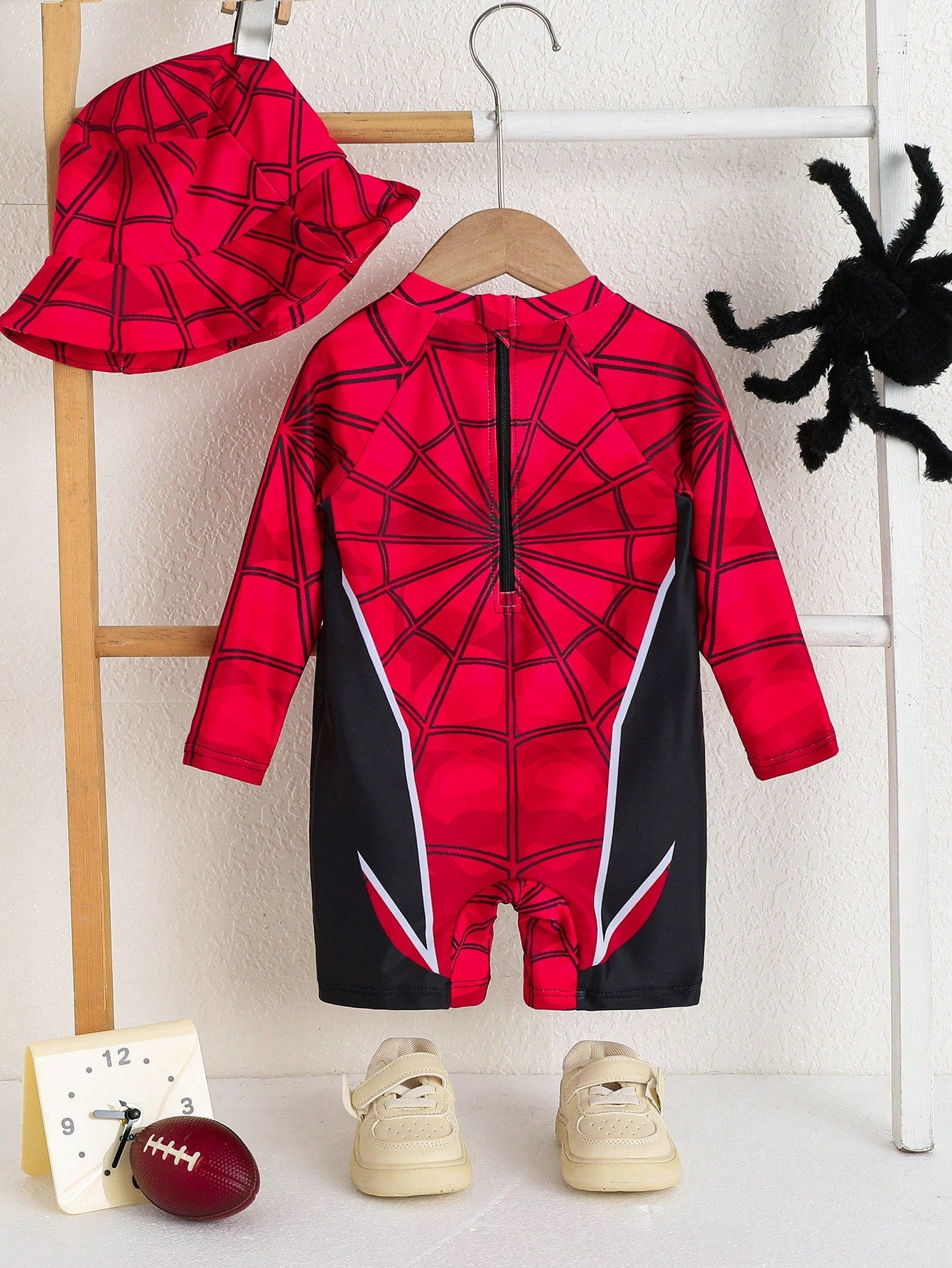 Unisex Baby Cute Spider Print Long Sleeve Swimsuit, Shorts, And Sun Hat Set, Suitable For Vacation, Beach, Surfing, Baby Swimwear Red Summer Cute