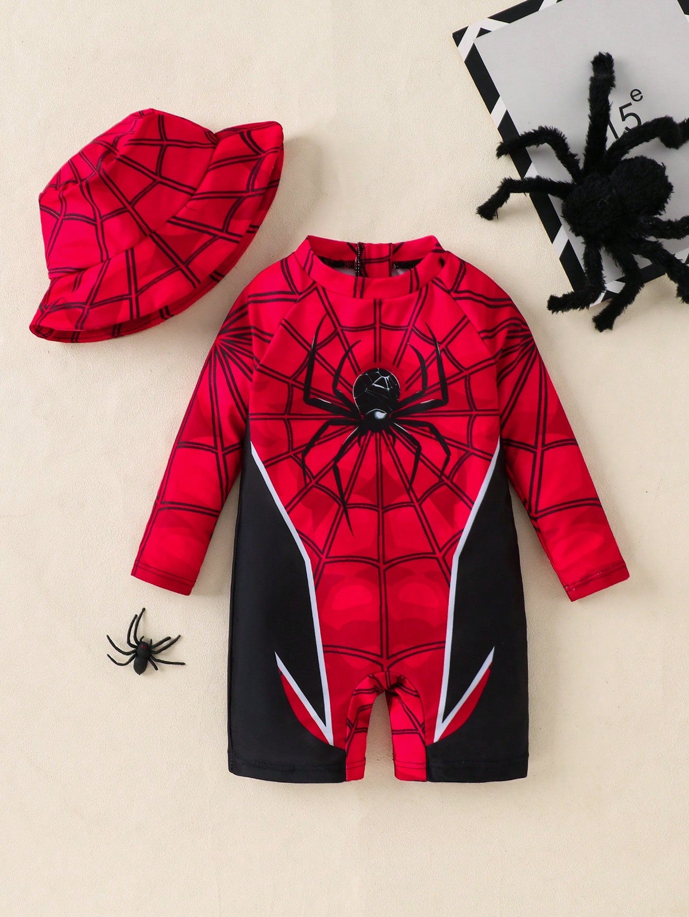 Unisex Baby Cute Spider Print Long Sleeve Swimsuit, Shorts, And Sun Hat Set, Suitable For Vacation, Beach, Surfing, Baby Swimwear Red Summer Cute