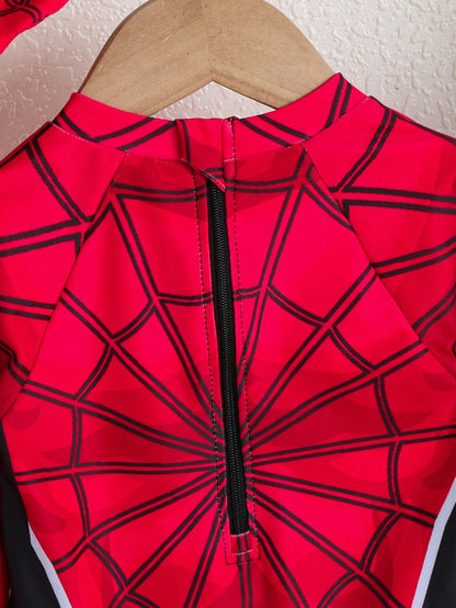 Unisex Baby Cute Spider Print Long Sleeve Swimsuit, Shorts, And Sun Hat Set, Suitable For Vacation, Beach, Surfing, Baby Swimwear Red Summer Cute