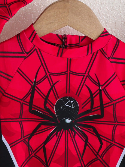 Unisex Baby Cute Spider Print Long Sleeve Swimsuit, Shorts, And Sun Hat Set, Suitable For Vacation, Beach, Surfing, Baby Swimwear Red Summer Cute