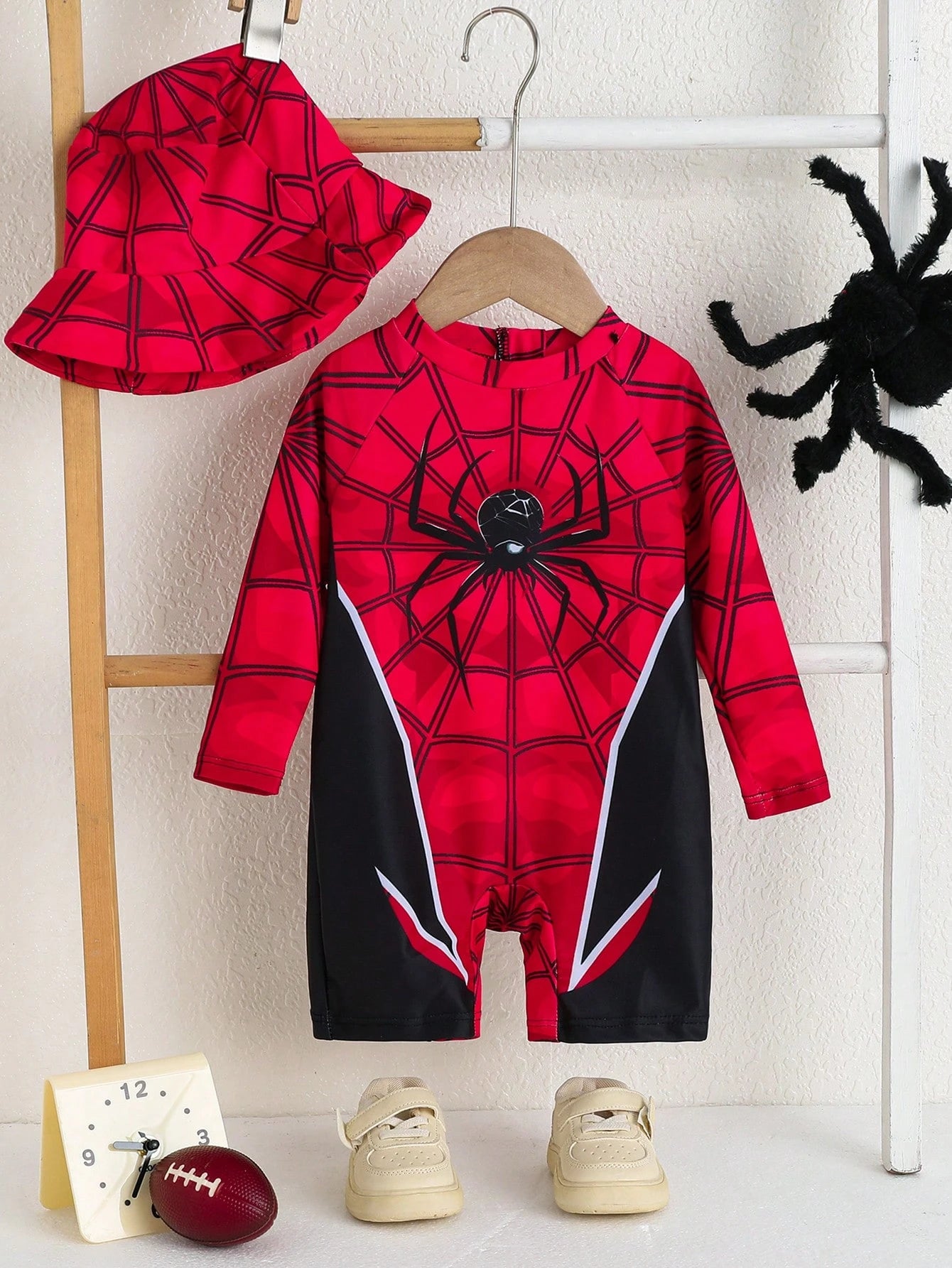 Unisex Baby Cute Spider Print Long Sleeve Swimsuit, Shorts, And Sun Hat Set, Suitable For Vacation, Beach, Surfing, Baby Swimwear Red Summer Cute