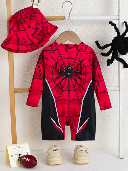 Unisex Baby Cute Spider Print Long Sleeve Swimsuit, Shorts, And Sun Hat Set, Suitable For Vacation, Beach, Surfing, Baby Swimwear Red Summer Cute