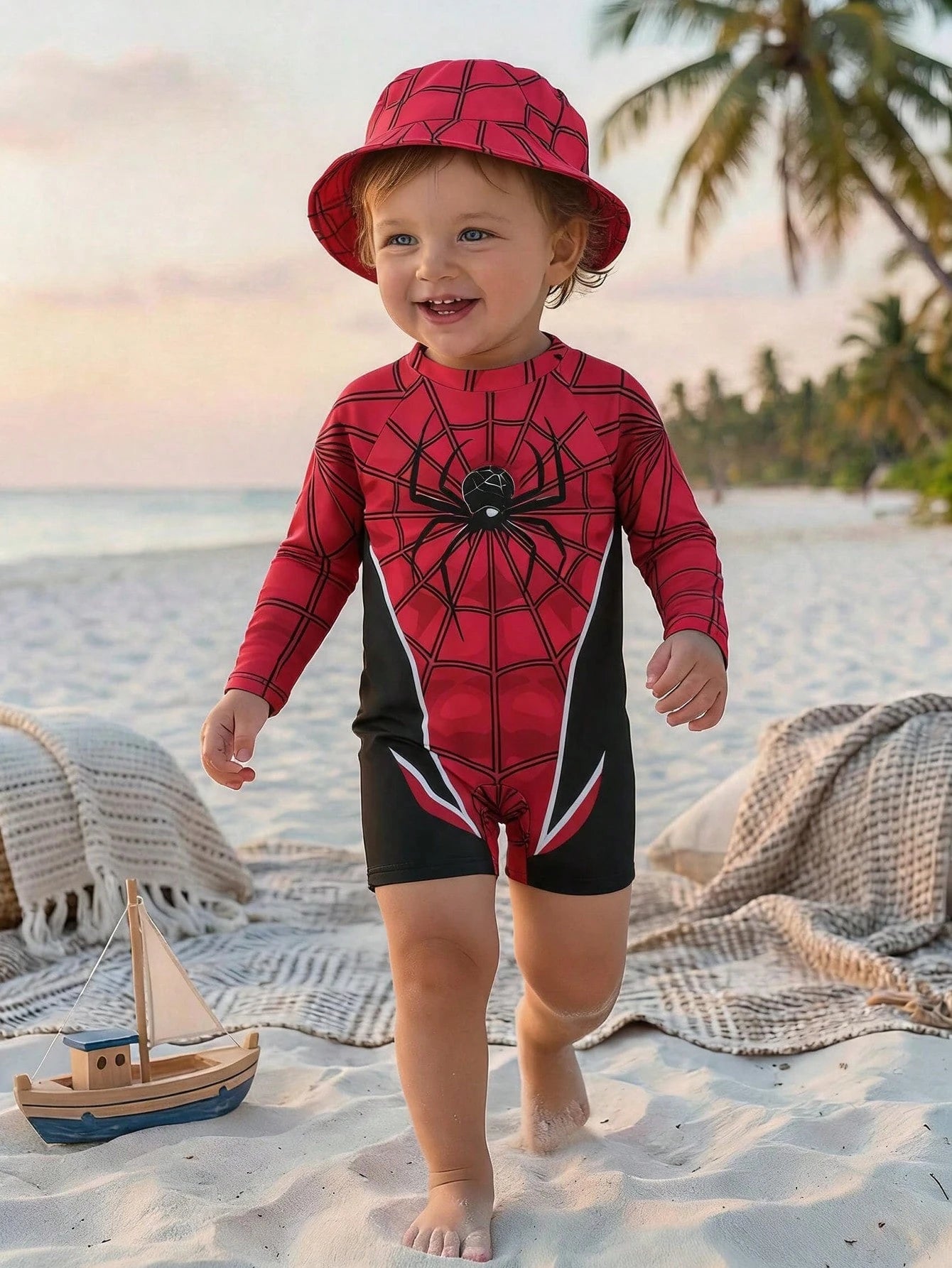 Unisex Baby Cute Spider Print Long Sleeve Swimsuit, Shorts, And Sun Hat Set, Suitable For Vacation, Beach, Surfing, Baby Swimwear Red Summer Cute