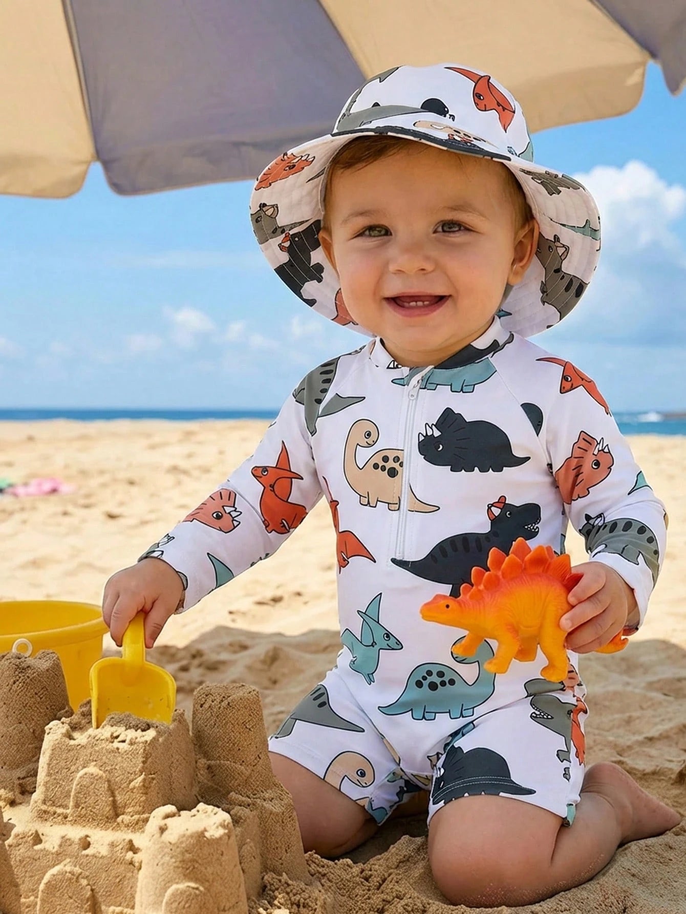 Unisex Baby Cute Spider Print Long Sleeve Swimsuit, Shorts, And Sun Hat Set, Suitable For Vacation, Beach, Surfing, Baby Swimwear Red Summer Cute
