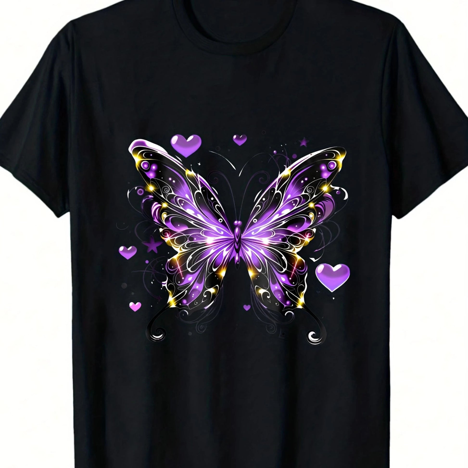 Unisex Black Soft T-Shirt With Purple Butterfly And Heart Print- Valentine's Day Gift, Unisex Casual Crew Neck Short-Sleeved T-Shirt