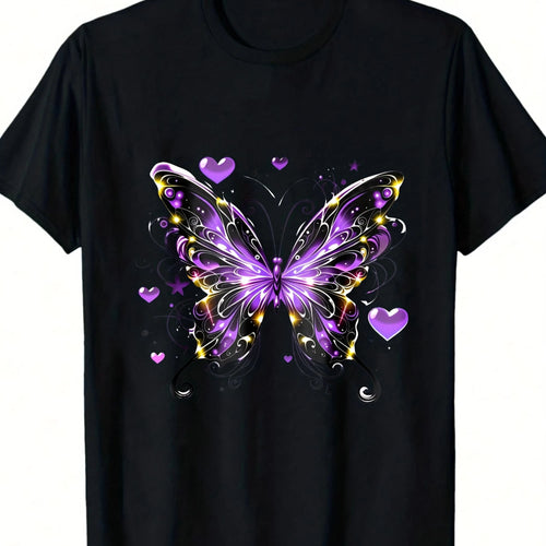 Unisex Black Soft T-Shirt With Purple Butterfly And Heart Print- Valentine's Day Gift, Unisex Casual Crew Neck Short-Sleeved T-Shirt