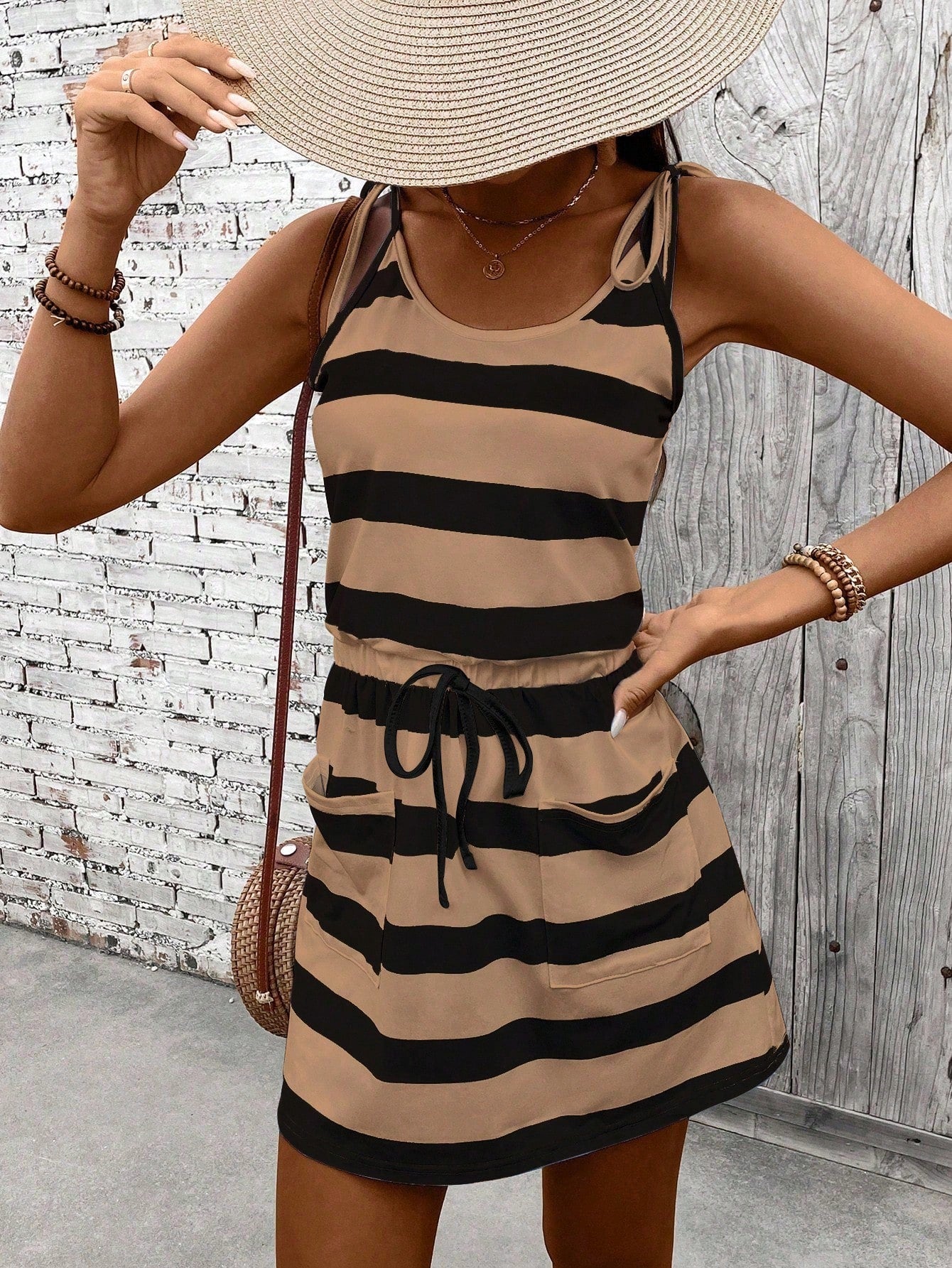 Unity Women Spaghetti Strap Tie-Front Striped Casual Mini Dress