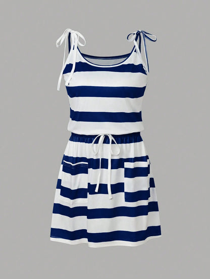 Unity Women Spaghetti Strap Tie-Front Striped Casual Mini Dress