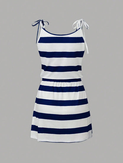 Unity Women Spaghetti Strap Tie-Front Striped Casual Mini Dress