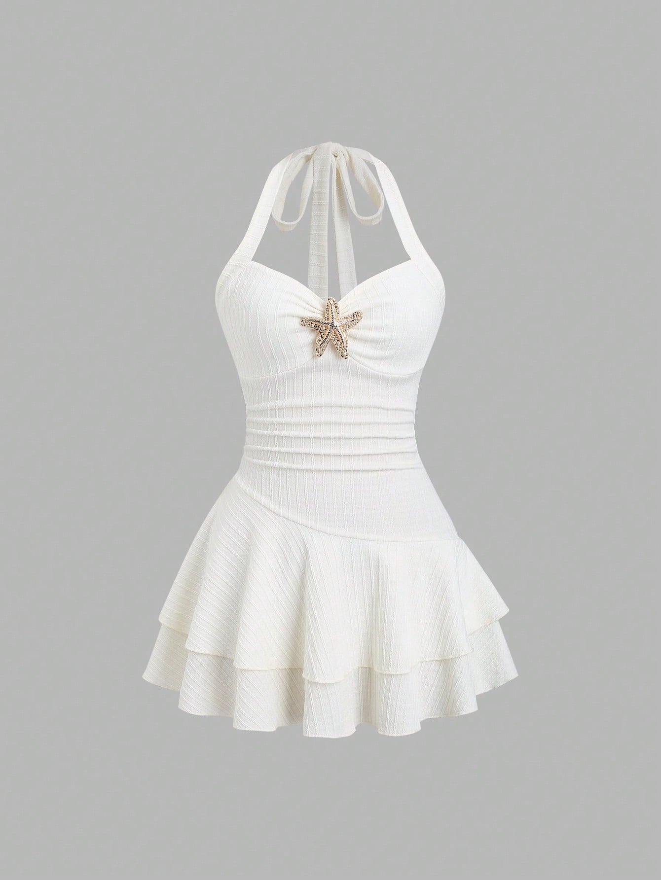 Unity Women White And Gold Elegant Textured Halter Tie Neck Mini Dress,Ruched Bust Metal Decor Double Ruffle Hem Summer Casual Holiday Pool Party Vacation