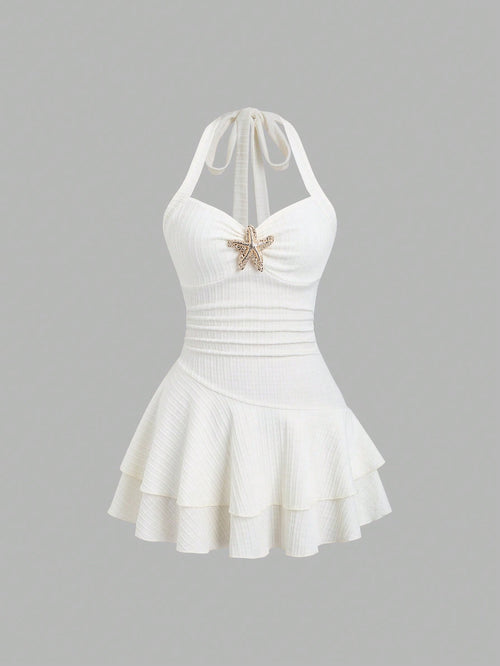 Unity Women White And Gold Elegant Textured Halter Tie Neck Mini Dress,Ruched Bust Metal Decor Double Ruffle Hem Summer Casual Holiday Pool Party Vacation