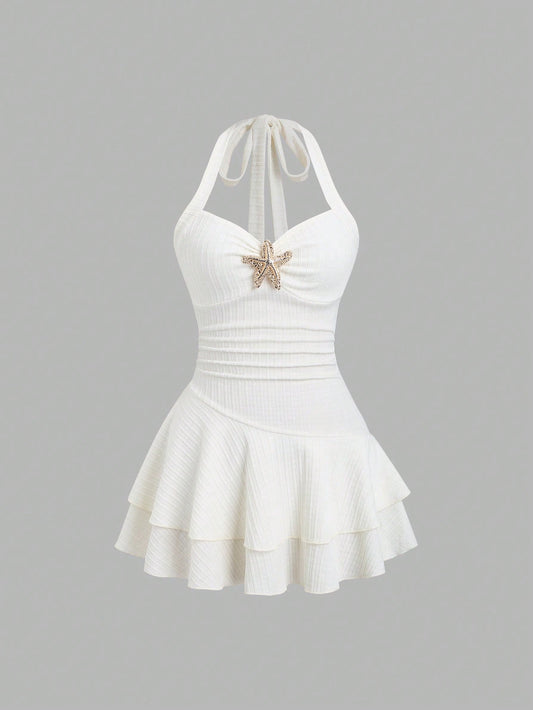 Unity Women White And Gold Elegant Textured Halter Tie Neck Mini Dress,Ruched Bust Metal Decor Double Ruffle Hem Summer Casual Holiday Pool Party Vacation