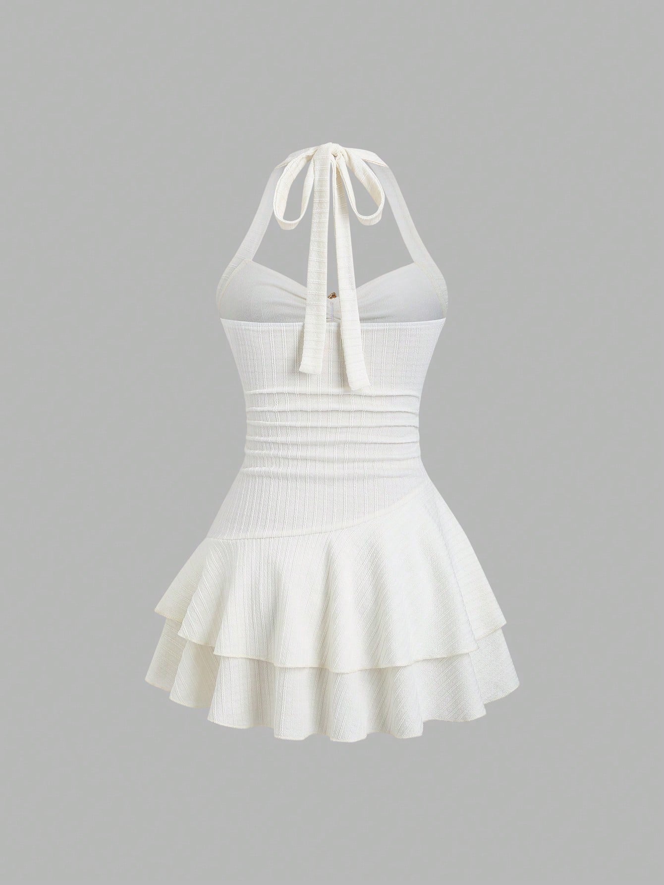 Unity Women White And Gold Elegant Textured Halter Tie Neck Mini Dress,Ruched Bust Metal Decor Double Ruffle Hem Summer Casual Holiday Pool Party Vacation