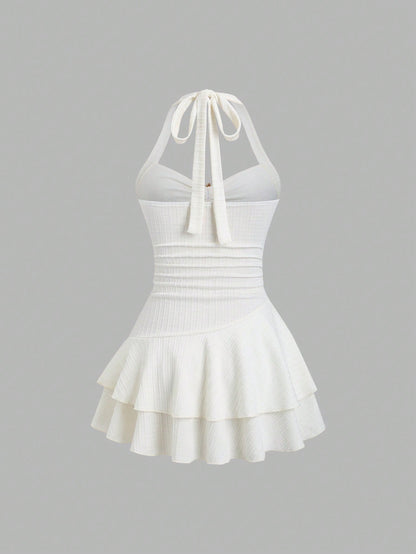 Unity Women White And Gold Elegant Textured Halter Tie Neck Mini Dress,Ruched Bust Metal Decor Double Ruffle Hem Summer Casual Holiday Pool Party Vacation