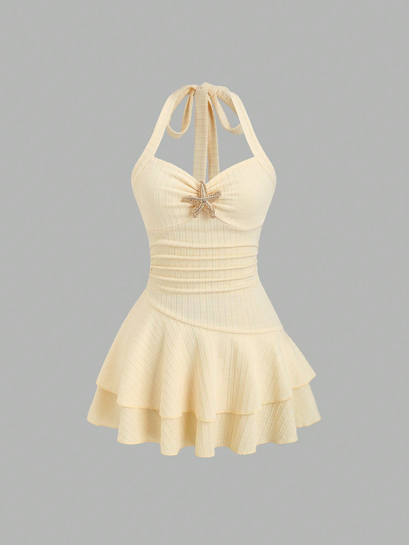 Unity Women White And Gold Elegant Textured Halter Tie Neck Mini Dress,Ruched Bust Metal Decor Double Ruffle Hem Summer Casual Holiday Pool Party Vacation